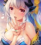 aqua_nails bikini blush bow breasts commentary_request dragon_girl dragon_horns eyebrows_visible_through_hair fate/grand_order fate_(series) frilled_bikini frills grey_hair heart heart-shaped_pupils horns japanese_clothes kiyohime_(fate/grand_order) kiyohime_(swimsuit_lancer)_(fate) large_breasts looking_at_viewer nail_polish open_mouth swimsuit symbol-shaped_pupils twitter_username upper_body yellow_bow youqiniang 