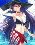  bikini black_bikini blue_eyes breasts choker cleavage commentary_request cross earrings fate/grand_order fate_(series) hand_behind_head hat highres jewelry large_breasts long_hair looking_at_viewer navel ocean one_eye_closed purple_hair red_sarong saint_martha saint_martha_(swimsuit_ruler)_(fate) sarong solo sun_hat swimsuit ysk 