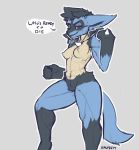  2019 anthro breasts conditional_dnp crotch_fluff erin_(kawfee) featureless_breasts female fist fur hair invalid_tag kawfee looking_at_viewer lucario muscular muscular_female nintendo nude pok&eacute;mon pok&eacute;mon_(species) pok&eacute;morph red_eyes short_hair simple_background solo spike_(disambiguation) standing text video_games 