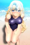  1girl bare_arms bare_legs bare_shoulders barefoot beach blonde_hair blue_eyes blue_swimsuit blush braid breasts closed_mouth fate/grand_order fate_(series) feet hair_ornament hands_on_own_thighs highres jeanne_d&#039;arc_(fate) jeanne_d&#039;arc_(fate)_(all) large_breasts legs long_hair looking_at_viewer ocean outdoors sand shiny shiny_clothes shiny_skin single_braid solo squatting swimsuit thighs toes water yadokari_genpachirou 