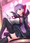  arikanrobo ass bangs bb_(fate)_(all) bb_(fate/extra_ccc) black_legwear bow breasts commentary_request eyebrows_visible_through_hair fate/extra fate/extra_ccc fate/grand_order fate_(series) gloves hair_between_eyes hair_bow hair_ribbon highres holding holding_wand jacket knee_up large_breasts light_smile long_hair long_sleeves looking_at_viewer neck_ribbon open_clothes open_jacket panties pantyshot pantyshot_(sitting) purple_eyes purple_hair red_bow red_neckwear red_ribbon ribbon sitting skirt smile solo thighhighs underwear very_long_hair wand white_gloves white_panties 