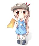  :o ayanami_(azur_lane) azur_lane bandaged_leg bandages black_footwear blush boots brown_eyes brown_hat brown_shorts chibi clothes_writing commentary cosplay flag flat_cap full_body hat hataraku_saibou highres holding holding_flag light_brown_hair long_hair nagato-chan parted_lips platelet_(hataraku_saibou) platelet_(hataraku_saibou)_(cosplay) shadow short_shorts shorts side_ponytail solo standing very_long_hair white_background 