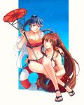  bikini_top blue_eyes blue_hair blue_sky breasts brown_eyes brown_hair cleavage commentary_request day flower glass_bottle hair_flower hair_intakes hair_ornament headgear high_ponytail houshou_(kantai_collection) japanese_clothes kantai_collection kimono large_breasts lifebuoy long_hair medium_breasts navel ocean oriental_umbrella pleated_skirt ponytail ramune red_umbrella sandals sidelocks skirt sky swimsuit umbrella very_long_hair weidashming yamato_(kantai_collection) 