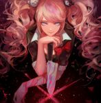  artist_name bear_hair_ornament blonde_hair blue_eyes bow breasts callarinc danganronpa danganronpa_1 enoshima_junko hair_ornament highres knife long_hair looking_at_viewer nail_polish necktie pink_blood red_bow red_nails shirt sleeves_rolled_up smile solo twintails upper_body 