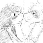  anthro black_and_white clothed clothing comic duo eye_contact female fish hair hladilnik male mammal marine monochrome nose_boop open_mouth procyonid raccoon respirator shark touching_noses underwater water 