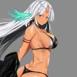  arched_back arms_behind_back ass azur_lane bare_shoulders bikini bikini_top black_jacket breasts brown_eyes butt_crack cleavage colored_eyelashes commentary_request dark_skin eyebrows_visible_through_hair from_side grey_background halter_top halterneck highres jacket jacket_removed jitome large_breasts long_hair long_sleeves looking_at_viewer massachusetts_(azur_lane) multicolored_hair native_american open_clothes schreibe_shura silver_hair simple_background skindentation solo swimsuit swimsuit_under_clothes thong thong_bikini 