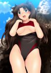  1girl black_hair blush breasts clouds cowboy_shot day fate/stay_night fate_(series) from_below green_eyes groin hair_ribbon highres legs long_hair looking_at_viewer medium_breasts open_mouth outdoors ribbon shiny shiny_skin sky solo standing swimsuit thighs tohsaka_rin twintails underboob yadokari_genpachirou 