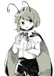  :d antennae bow bowtie cape collared_shirt cowboy_shot greyscale juliet_sleeves long_sleeves looking_at_viewer monochrome open_mouth pants puffy_sleeves sasa_kichi shirt short_hair simple_background smile solo standing touhou white_background wing_collar wriggle_nightbug 