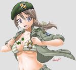  :d badge beret blush bra braid breasts brown_hair dog_tags ebifly eyebrows_visible_through_hair fangs green_bra green_hat green_jacket green_pants grey_background hair_between_eyes hat jacket large_breasts long_hair looking_at_viewer military military_uniform navel open_clothes open_jacket open_mouth original pants purple_eyes simple_background single_braid smile solo striped striped_bra twitter_username underwear uniform upper_body 