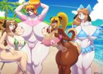  2018 absurd_res alternate_species anthro areola beach betsibi big_breasts bikini blonde_hair blue_eyes breasts brown_hair butt canine clothing cloud colored_nails diana(noodle_lu) diana_(thecon) digital_media_(artwork) dog eyelashes eyeshadow eyewear female food glasses green_eyes group hair hair_bow hair_ribbon hi_res holly_applebee huge_breasts jewelry long_hair looking_at_viewer makeup mammal necklace nipple_bulge one_eye_closed outside palm_tree plankboy ponytail popsicle ribbons seaside signature sky smile swimsuit thick_thighs tongue tongue_out tree wink yellow_eyes 