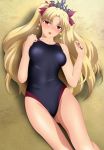  1girl bare_arms bare_legs bare_shoulders black_nails blonde_hair blush breasts clenched_hands crown earrings ereshkigal_(fate/grand_order) fate/grand_order fate_(series) groin hair_ribbon highres jewelry legs long_hair looking_at_viewer lying medium_breasts nail_polish orange_eyes parted_lips ribbon sand shiny shiny_skin solo swimsuit thighs tohsaka_rin yadokari_genpachirou 