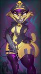  anthro breasts bullet cat clothing collar featureless_breasts featureless_crotch feline female gun hat jacket leather leather_jacket legwear lilly_(vimhomeless) looking_at_viewer mammal nude ranged_weapon sharp_teeth shauvinworks solo stockings submachine_gun teeth weapon wide_hips yellow_eyes 