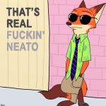  brick_wall canine clothed clothing disney english_text eyewear fence fox fur gloves_(marking) hands_in_pockets invalid_color male mammal markings meme necktie nick_wilde orange_fur profanity reaction_image red_fox red_fur skeletonguys-and-ragdolls socks_(marking) solo standing sunglasses text zootopia 
