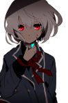  blood blood_on_face blue_jacket closed_mouth commentary_request grey_hair hand_up hiiragi_fuyuki jacket long_sleeves looking_at_viewer male_focus neck_ribbon original red_eyes red_neckwear red_ribbon ribbon simple_background solo white_background 