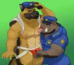  2018 5_fingers anthro arm_hair beard black_fur black_nose boar brown_fur bulge canine claws clothed clothing cum dog duo facial_hair fur german_shepherd green_background grope hand_on_thigh jankowski jockstrap leaking licking male male/male mammal muscular muscular_male nanoff navel nipple_lick nipples officer partially_clothed pink_nose police_cap porcine precum saliva simple_background smile standing tongue tongue_out topless underwear 