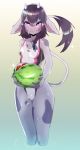  2018 anthro black_hair bovine breasts cattle clothed clothing coffeechicken female food fruit gradient_background hair hairclip horn mammal melon one-piece_swimsuit partially_submerged purple_eyes simple_background small_breasts small_moo solo standing swimsuit tight_clothing watermelon wet wide_hips 