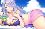  artist_name asymmetrical_bangs bangs bare_shoulders bikini breasts camilla_(fire_emblem_if) cleavage cloud cloudy_sky cup day drinking_glass fire_emblem fire_emblem_heroes fire_emblem_if flower hair_flower hair_ornament hair_over_one_eye hand_to_own_mouth large_breasts lavender_hair long_hair lying nail_polish o-ring o-ring_bikini o-ring_bottom ocean on_stomach parted_bangs pokey purple_eyes purple_nails sash see-through sky solo swimsuit tongue tongue_out 