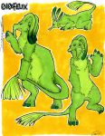  2017 3_toes 4_fingers absurd_res alien all_fours alternate_form antennae black_eyes character_name claws dipstick_antennae disney experiment_(species) felix_(lilo_and_stitch) fur green_claws green_fur hi_res holding_tail k1ttypewpewz lilo_and_stitch multiple_scenes outline signature simple_background sniffing standing toe_claws toes traditional_media_(artwork) trunk yellow_background 