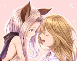  1girl animal_ears bare_shoulders black_cape black_choker blue_eyes blush brown_hair cape choker closed_mouth collared_jacket collared_shirt commentary_request dress_shirt erune eye_contact eyebrows_visible_through_hair face-to-face from_side granblue_fantasy hair_between_eyes hair_intakes highres hood hood_down hooded_cape long_hair looking_at_another naoise open_mouth outline pink_background pink_hair profile red_eyes scathacha_(granblue_fantasy) shiny shiny_hair shiny_skin shirt sidelocks smile sweatdrop tomo_(user_hes4085) upper_body white_outline wing_collar 
