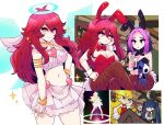  2girls :/ ahoge angel angel_wings animal_ear_hairband animal_ears anime_screenshot anneecherry_(character) antenna_hair armlet artist_self-insert black_bow black_bowtie black_leotard blonde_hair blue_eyes blue_hair blunt_bangs borrowed_character bow bowtie bracelet breasts cleavage colored_inner_hair commentary cosplay covered_navel crop_top crossed_legs cup detached_collar drinking_straw fake_animal_ears fake_tail fishnet_pantyhose fishnets gladiator_sandals gloves gold_bracelet gold_choker gold_collar gold_ring gold_shoes gold_wrist_cuffs hairband halo hand_on_own_chin heart heart_ornament highleg highleg_leotard highres holding holding_cup holding_stuffed_toy jewelry large_breasts leotard lips long_hair looking_at_viewer medium_breasts mizzu_(mizzuiita) mizzuiita multicolored_hair multiple_girls navel official_alternate_costume original outline panty_&amp;_stocking_with_garterbelt panty_(psg) panty_(psg)_(cosplay) pantyhose pink_hair playboy_bunny purple_hair rabbit_ear_hairband rabbit_ears rabbit_tail red_bow red_bowtie red_hair red_leotard ring sandals scene_reference screenshot shoes short_hair siblings sisters sitting skirt smile spanish_commentary standing stocking_(psg) strapless strapless_leotard stuffed_animal stuffed_toy sweat tail thinking traditional_halo two-tone_hair white_skirt white_wings white_wrist_cuffs winged_sandals winged_shoes winged_sleeves wings wrist_cuffs yellow_eyes 