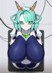  1girl ahoge alternate_breast_size_(larger) animal_ears aqua_hair breasts cable chest_jewel cleavage commentary green_eyes highres horse_ears horse_girl huge_breasts humanoid_robot mecha_umamusume_st-2_(umamusume) mechanical_ears mechanical_eyes mechanical_hair no_mouth robot robot_girl solo umamusume untranslatable_commentary yuugatou_(yuuzutu) 