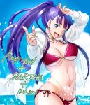  ;d alternate_hairstyle aoba_(smartbeat) arm_up bikini blue_background blue_eyes breasts character_name choker cleavage commentary_request cross earrings fate/grand_order fate_(series) hair_over_shoulder highres jacket jewelry large_breasts long_hair looking_at_viewer navel ocean one_eye_closed open_clothes open_jacket open_mouth pink_bikini pinky_out pointing pointing_at_viewer ponytail purple_hair red_bikini saint_martha shading_eyes side-tie_bikini smile solo splashing swimsuit very_long_hair water 