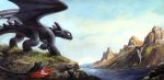  2013 ambiguous_gender black_scales black_skin claws dragon dreamworks feral grass how_to_train_your_dragon kenket mountain night_fury outside scales sky solo toe_claws toothless water wings 