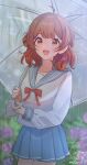  1girl :d aoiryo blue_sailor_collar blue_skirt blurry blurry_background brown_hair commentary_request flower gakuen_idolmaster hanami_ume highres holding holding_umbrella idolmaster long_sleeves looking_at_viewer medium_hair open_mouth pink_flower pleated_skirt rain sailor_collar school_uniform serafuku skirt smile solo umbrella yellow_eyes 
