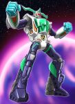  ardenrobo assault_visor chiisana_kyojin_microman:_uborg_senki_2010 clenched_hands commentary_request full_body highres horns mecha mecha_focus microman official_artist_extra oyomesandazo planet robot space standing star_(sky) 