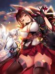  akagi_(azur_lane) animal_ears azur_lane bangs black_gloves black_hair blue_eyes blush breasts brown_hair cleavage commentary_request evening eyebrows_visible_through_hair fox_ears fox_tail gloves hinazuka_ryou japanese_clothes kaga_(azur_lane) large_breasts light_particles long_hair looking_at_viewer mask multiple_girls multiple_tails open_mouth outdoors partly_fingerless_gloves pleated_skirt red_eyes shikigami short_hair sidelocks skindentation skirt smile tail thighhighs white_hair white_skirt wide_sleeves 