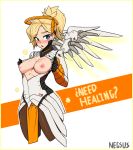  1girl areolae artist_name blonde_hair blue_eyes blush bodysuit breasts eyebrows_visible_through_hair gradient gradient_background mechanical_halo mechanical_wings mercy_(overwatch) nipples open_clothes open_mouth overwatch pelvic_curtain ponytail solo wings 