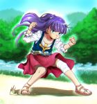  :o aoba_(smartbeat) bandaged_knees blue_eyes clenched_hands cross fate/grand_order fate_(series) fighting_stance forest long_hair nature purple_hair saint_martha sandals skirt solo tree younger 