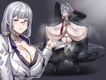  2girls ak-15_(erwin)_(girls'_frontline) ak-15_(girls'_frontline) bandages black_suit breasts female_pubic_hair four_pack gigantic_breasts girls'_frontline heart highres huge_breasts huge_nipples long_hair multiple_girls pubic_hair purple_eyes rpk-16_(girls'_frontline) rpk-16_(renate)_(girls'_frontline) slavsegger suit white_hair white_suit 