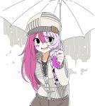  1girl asymmetrical_hair beanie brown_skirt commentary_request drill_hair grey_background grey_eyes hat heart heart_necklace holding holding_umbrella hood hoodie jewelry lavender_hair limited_palette long_hair looking_at_viewer marking_on_cheek megumegu multicolored_hair necklace open_mouth oversized_zipper partially_unzipped pink_hair poaro single_drill skirt smile solo striped_clothes two-tone_hair umbrella white_umbrella 