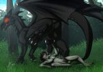 2017 animal_humanoid anus balls bestiality black_anus black_balls black_body black_hair black_hooves black_penis black_tail black_wings bodily_fluids butt claws cum cum_on_chest cum_on_face dated dragon duo erection fangs feral finger_claws genital_fluids genitals glowing glowing_eyes grass grey_balls grey_body hair hooves hufnaar humanoid humanoid_genitalia humanoid_on_feral humanoid_penis hybrid_genitalia hybrid_penis knot knotted_humanoid_penis knotted_penis lying male male/male male_on_feral membrane_(anatomy) membranous_wings mythological_creature mythological_scalie mythology nude on_back open_mouth outside_sex penis plant quadruped raised_leg red_eyes red_tongue scalie sex shrub snout species_request tail teeth toe_claws tongue tongue_out tree wings