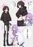  2girls atsuko_(blue_archive) bandaged_neck bandaged_wrist bandages barbell_piercing black_boots black_hoodie black_pants blue_archive boots braid brown_hair clothes_lift commentary_request coralreef966 ear_piercing grey_background gun hair_ribbon halo highres holstered hood hooded_jacket hoodie hoodie_lift industrial_piercing jacket leg_holster long_hair long_legs long_sleeves low_twin_braids measuring misaki_(blue_archive) multiple_girls navel orange_ribbon pants piercing purple_eyes purple_hair red_eyes red_halo revolver ribbon shirt short_hair simple_background skinny speech_bubble tape_measure torn_clothes torn_pants translated twin_braids weapon white_halo white_jacket white_shirt 
