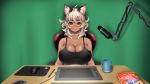  animal_ears bangs black_tank_top blonde_hair boom_microphone breasts cat_ears chair chips cleavage collarbone commentary_request cup dark_skin desk food highres large_breasts long_hair md5_mismatch microphone mouse_(computer) mousepad mug original red_eyes sidelocks smile solo stylus tablet thick_eyebrows virtual_youtuber yana_(nekoarashi) yana_(virtual_youtuber) 
