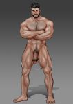  1boy bara barefoot beard body_hair facial_hair full_body loserno.3 male_focus nude overwatch penis reaper_(overwatch) solo 