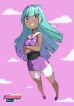  absurdres antenna_hair aqua_hair bad_anatomy bangs bare_arms bare_shoulders bike_shorts black_footwear black_sash bliss_(ppg) blue_hair blue_headband blunt_bangs blunt_ends blush breasts cloba commentary crossed_arms dark_skin dress full_body grin highres legs long_hair looking_at_viewer mary_janes medium_breasts microdress powerpuff_girls purple_dress purple_eyes sailor_collar sailor_dress sash shoes shorts shorts_under_dress smile standing v-shaped_eyebrows white_sailor_collar white_shorts 