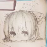  absurdres bow commentary_request frilled_bow frilled_hair_tubes frills graphite_(medium) greyscale hair_bow hair_tubes hakurei_reimu highres monochrome paper psuke short_hair sketch sweatdrop touhou traditional_media yukkuri_shiteitte_ne 