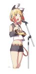  absurdres animal_ears belt black_shorts blonde_hair blush cat_ears cloba collarbone commentary_request cosplay detached_sleeves fang flat_chest flower hair_flower hair_ornament hairband hands_on_own_chest headphones highres kagamine_rin kagamine_rin_(cosplay) long_sleeves microphone_stand midriff music navel open_mouth original pink_flower school_uniform serafuku short_hair shorts simple_background singing socks standing vocaloid white_background white_hairband yellow_eyes yellow_legwear 