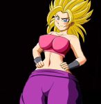  10s 1girl aqua_eyes bare_shoulders black_background blue_eyes blush breasts caulifla curvy dragon_ball dragon_ball_super female hands_on_hips hips large_breasts looking_at_viewer midriff pants saiyan solo spiked_hair strapless super_saiyan thighs tubetop wide_hips wristband 