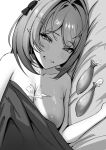  1girl absurdres areola_slip breasts commentary condom cum cum_on_body cum_on_breasts english_commentary greyscale highres implied_after_sex implied_hetero large_breasts looking_at_viewer lying medium_hair monochrome nude on_bed on_side pointy_ears remielle_dan smile solo tbbrian_1 under_covers used_condom zenless_zone_zero 