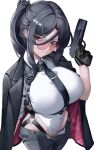  1girl absurdres black_gloves black_hair black_jacket black_necktie breasts closed_mouth collared_leotard covered_navel e.h._(junkyard_vanguard)_(nikke) e.h._(nikke) frown glasses gloves goddess_of_victory:_nikke grey_pants gun half_gloves handgun harness high_ponytail highleg highleg_leotard highres holding holding_gun holding_weapon huge_breasts jacket jacket_on_shoulders leotard leotard_under_pants long_hair looking_at_viewer necktie official_alternate_costume open_fly pants ponytail round_eyewear simple_background small_chair_(xiaosaiyi33818) solo unworn_jacket very_long_hair weapon white_background white_leotard 