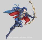  archery armor arrow blue_eyes blue_hair bow_(weapon) cape fire_emblem fire_emblem:_kakusei fire_emblem_heroes full_body holding holding_bow_(weapon) holding_weapon long_hair lucina official_art simple_background solo tiara weapon yamada_koutarou 