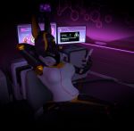  3d_(artwork) animatronic anthro anubian_jackal black_fur canine cellphone chair claws cleo_(sowat-blend) clothed clothing computer digital_media_(artwork) female fur hair headphones inside jackal machine mammal monitor phone relaxing robot sitting solo sowat-blend technology 