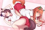  2girls animal_ears anthropomorphism ass bloomers blush brown_hair green_eyes gym_uniform headband long_hair orange_hair purple_eyes sherryqq short_hair silence_suzuka special_week tail uma_musume:_pretty_derby 