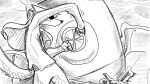 16:9 anthro belt bottomwear bullet canid canine canis cape clothing crater deck_(structure) door dragonweirdo eye_patch eyewear hatch hi_res kimera_(dragonweirdo) male mammal monochrome pants pod railing shirt solo topwear turning widescreen wolf