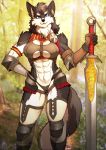  anthro armor big_breasts blue_eyes breasts canine clothed clothing female footwear fur hair holding_sword mammal melee_weapon midriff outside pgm300 red_frills unconvincing_armor weapon 