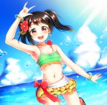  :d arm_up artist_name bikini bikini_skirt black_hair blue_sky bow bracelet cloud collarbone day eyebrows_visible_through_hair floating_hair flower green_bikini hair_flower hair_ornament hibiscus highres jewelry layered_skirt leg_up long_hair looking_at_viewer love_live! love_live!_school_idol_project natsuiro_egao_de_1_2_jump! necklace ocean open_mouth outdoors ponyagii red_bow red_eyes red_flower shiny shiny_hair skirt sky smile solo sparkle standing standing_on_one_leg striped striped_bikini swimsuit transparent twintails yazawa_nico yellow_skirt 